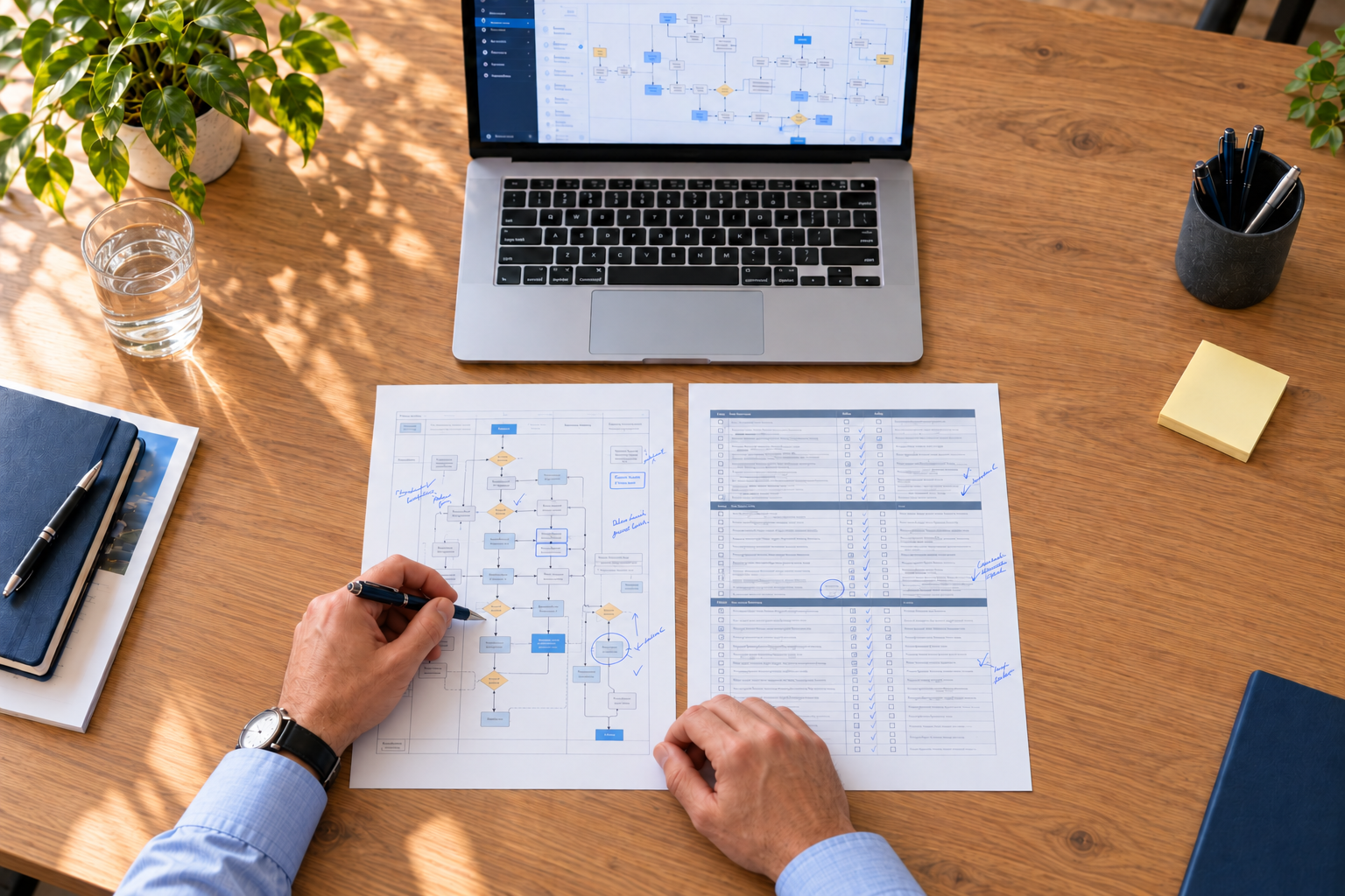 Detailed process flowchart and audit checklist on A4 sheets with handwritten notes beside a laptop displaying a complex workflow