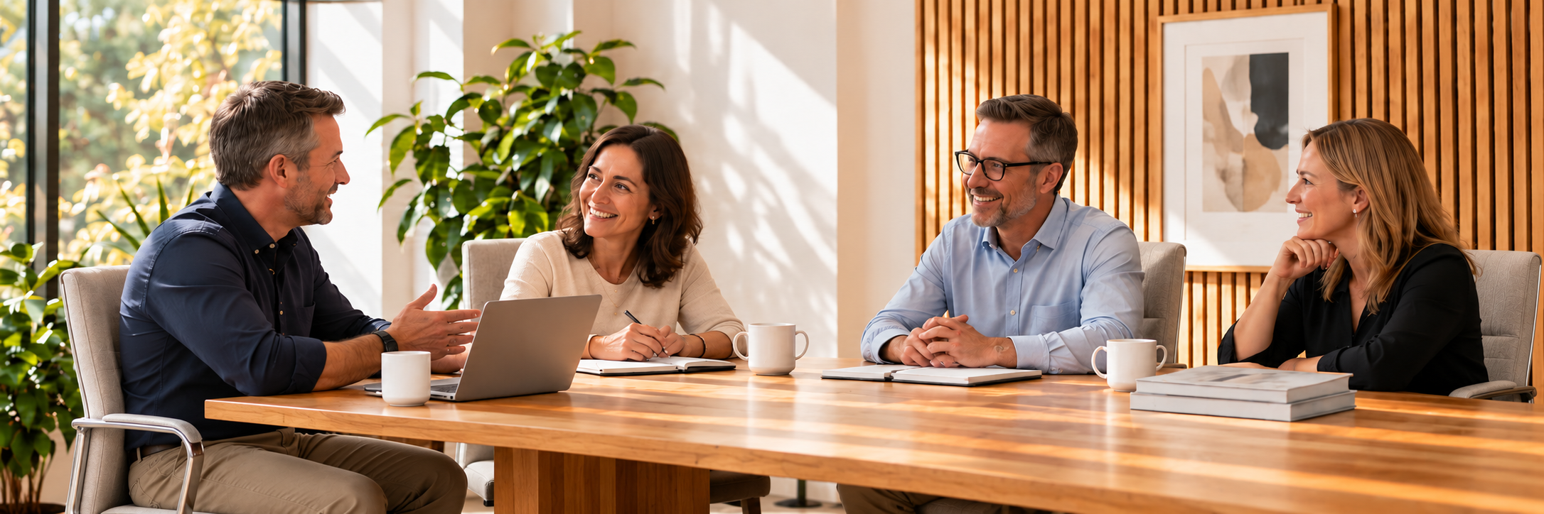 Four people collaborating around a timber meeting table